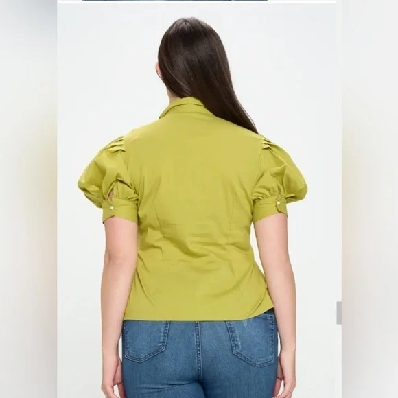 NWT 2X Avocado Green Rhinestone Collar Button Down Blouse Retro Unique Vintage - Picture 5 of 8